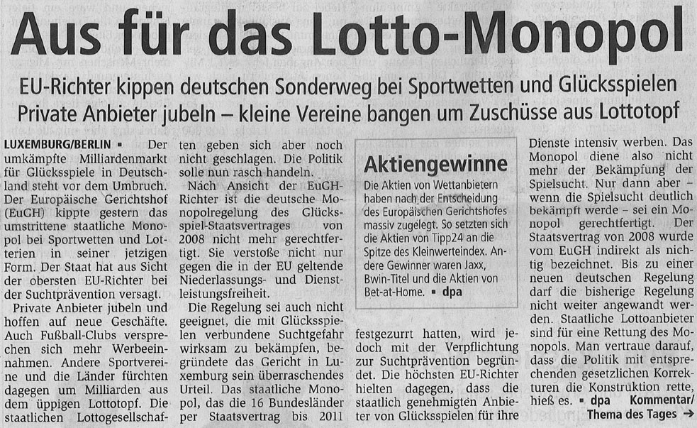 EuGH Gl&uuml;ckspielmonopol